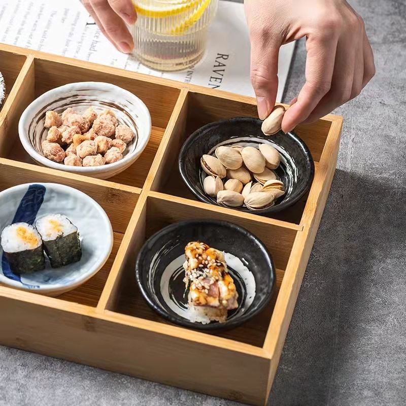 Jihao bamboo and wood Japanese ceramic tableware six palace grid plate Japanese food dessert seasoning plate restaurant details Picture